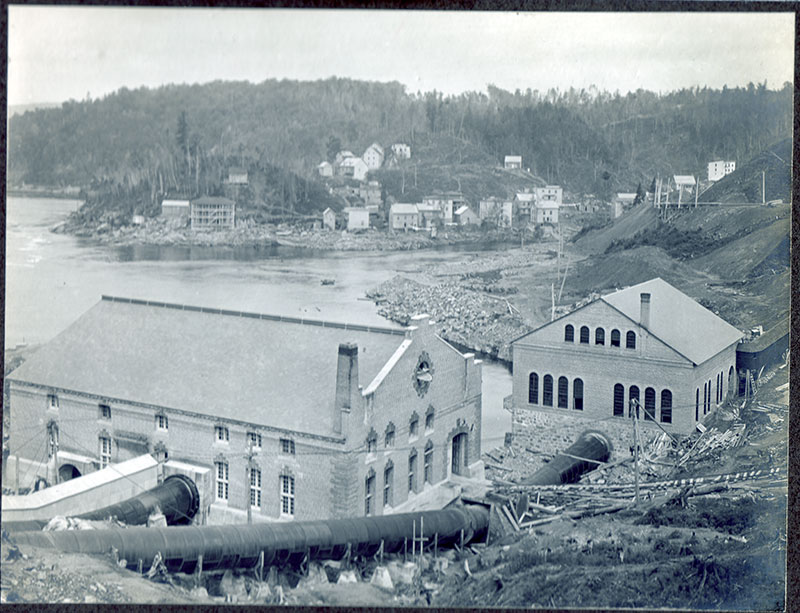 View of the Shawinigan-1 and N.A.C. generating stations and their penstocks