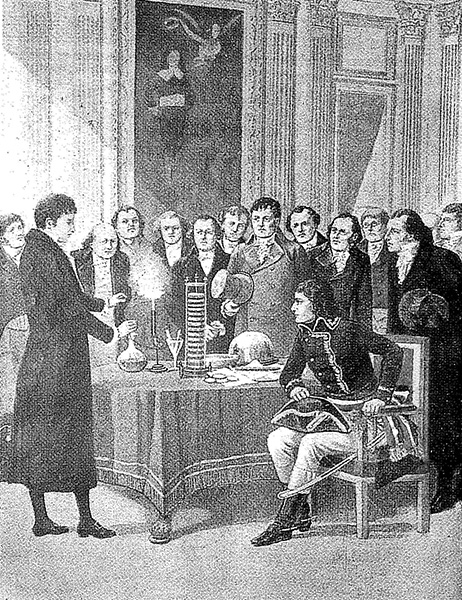 Reconstitution de la scène où Volta présente sa pile à l'empereur Napoléon.