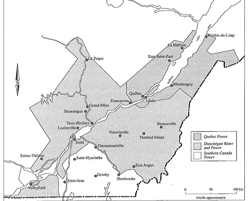 Carte qui montre l'étendue du réseau de transport de la Shawinigan Water and Power